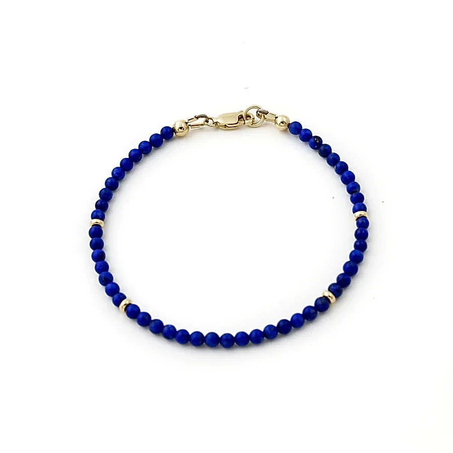 10k Gold Clasp x 3mm Round Lapis & 14k Gold Barrel Beaded Bracelet - Kingdom Jewelry