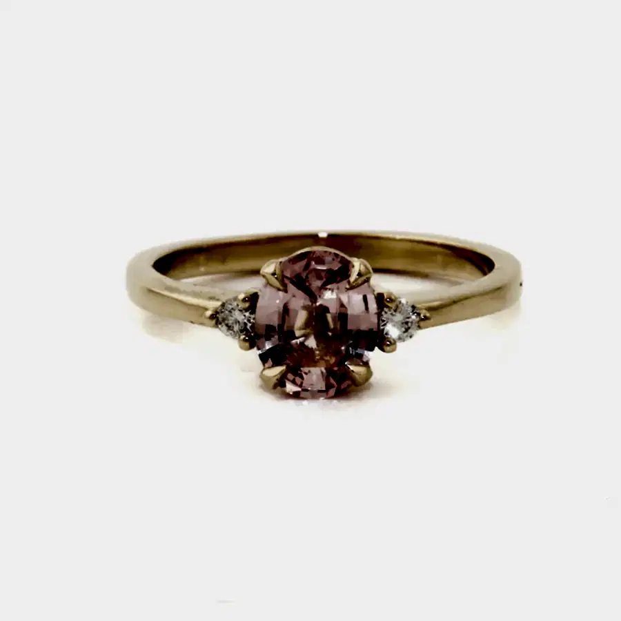 14k Gold x 1.05ct Oval Peach Sapphire & Lab Round Diamond Engagement Ring - Kingdom Jewelry