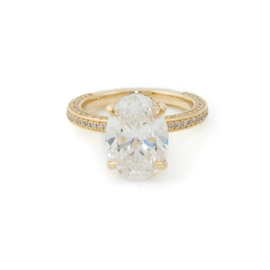 14k Gold x 4.04ct VVS2 E Oval Lab Diamond + Triple Pavé & Hidden Halo Solitaire Engagement Set - Kingdom Jewelry