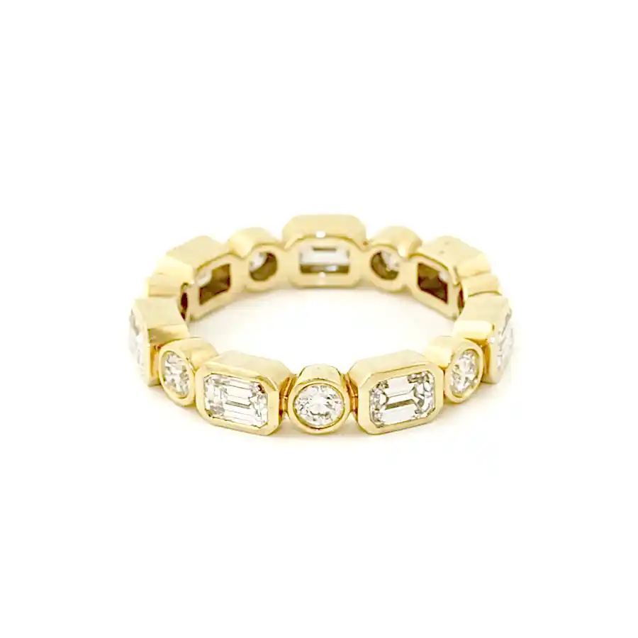 14k Gold x 4mm 2.27ct Round & Emerald - Cut Lab Diamond Eternity Engagement Band - Kingdom Jewelry