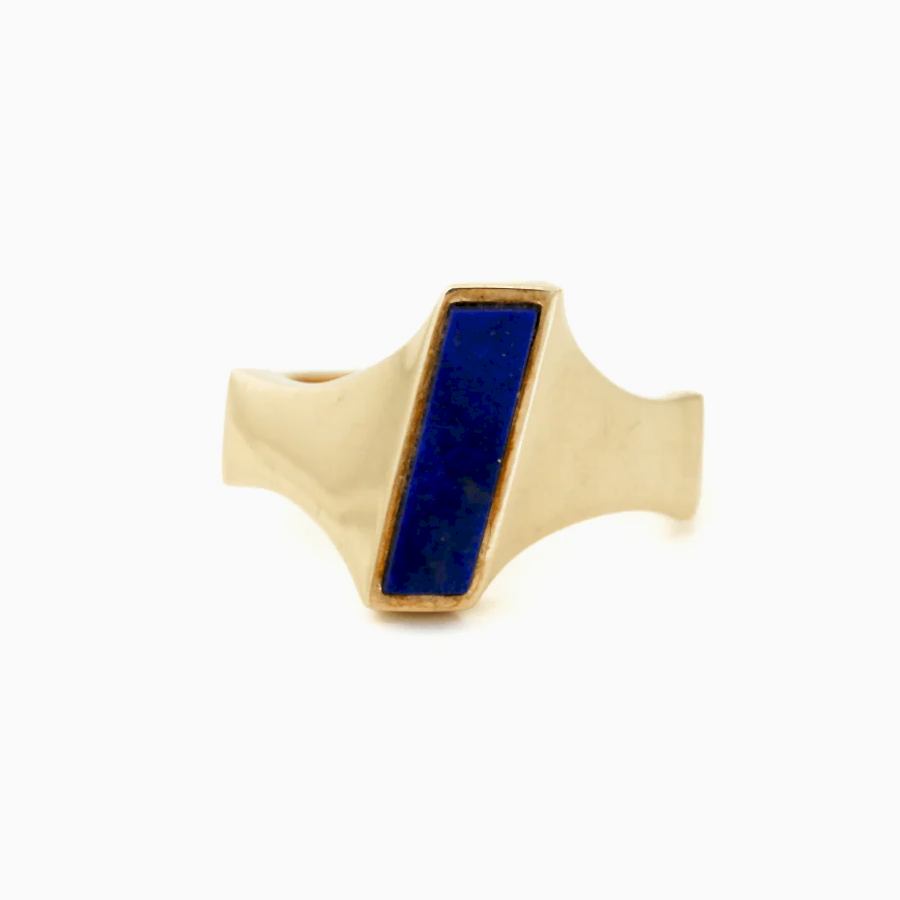 14k Gold x Abstract Lapis Lazuli Parallelogram Signet - Kingdom Jewelry