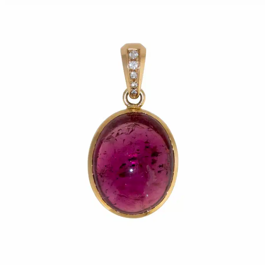 14k Gold x Domed Oval Rubellite Tourmaline & Diamond Pendant - Kingdom Jewelry