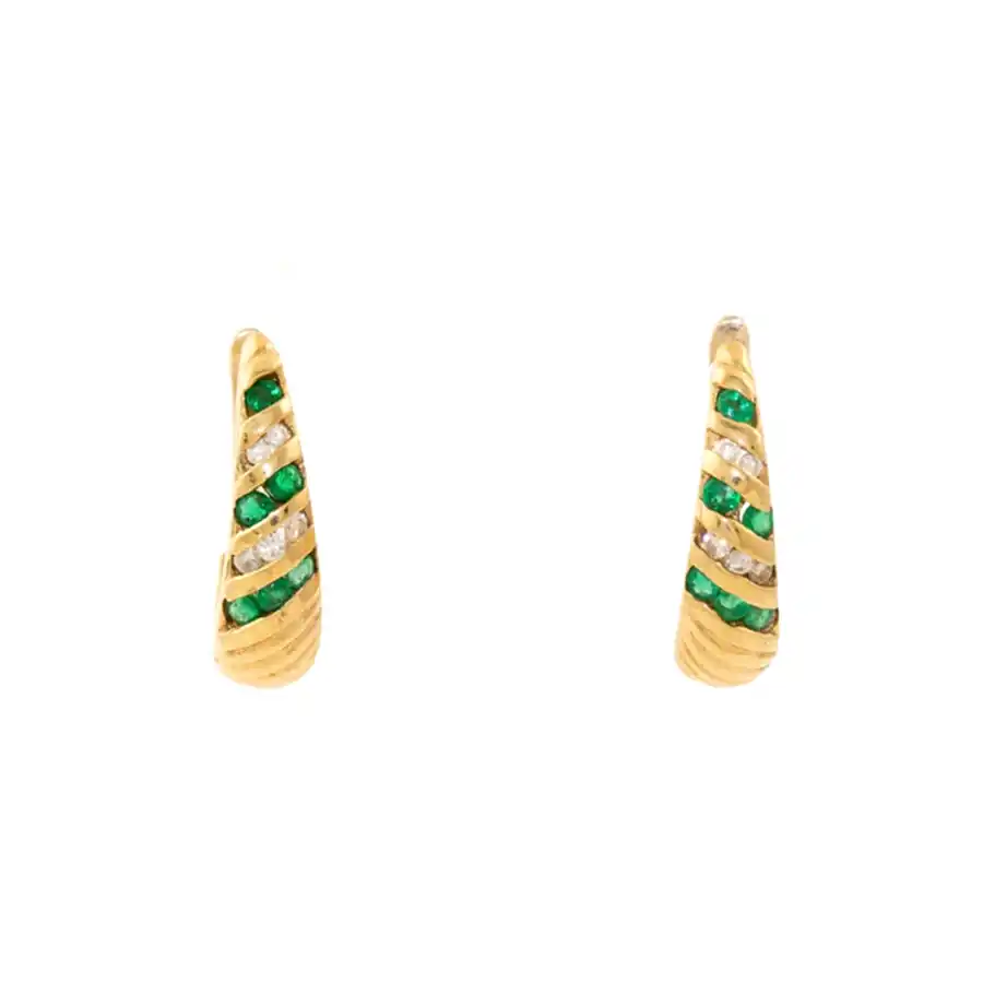 14k Gold x Striped 1980's Emerald & Diamond Demi - Hoop Earrings - Kingdom Jewelry