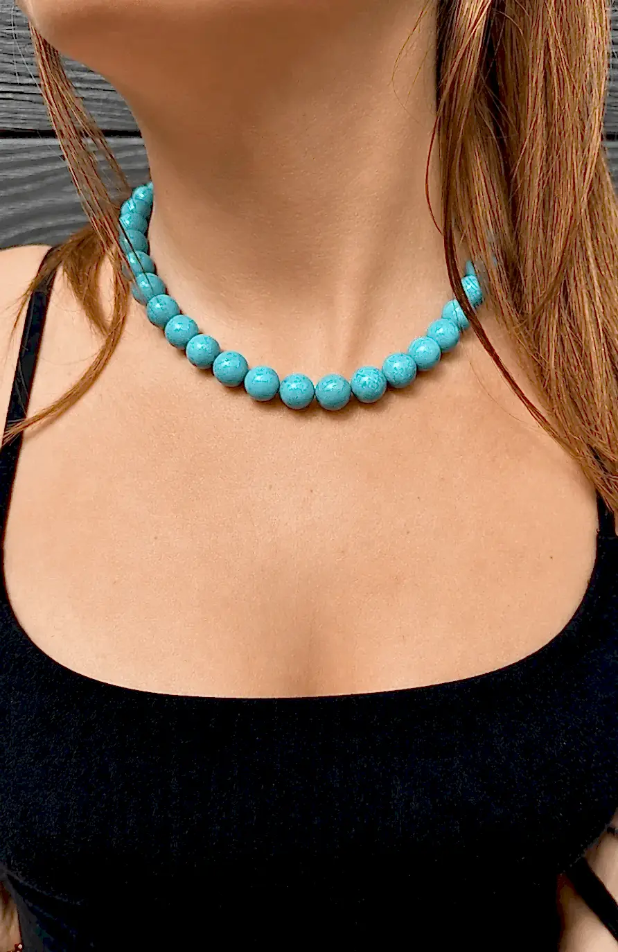 14K Natural Sleeping Beauty Turquoise 11mm Round Beaded Strand 17" - Kingdom Jewelry