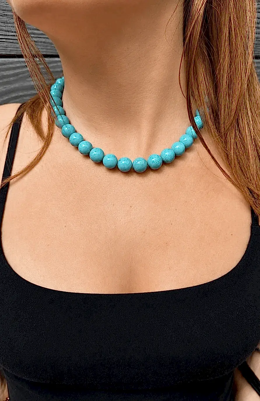 14K Natural Sleeping Beauty Turquoise 12.5mm Round Beaded Strand 17" - Kingdom Jewelry