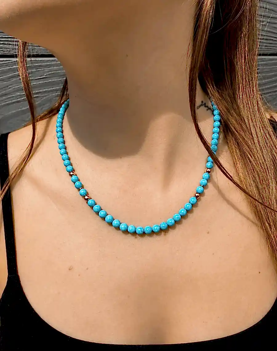 14K Natural Sleeping Beauty Turquoise AA 6mm Round Beaded Strand 19.5" - Kingdom Jewelry