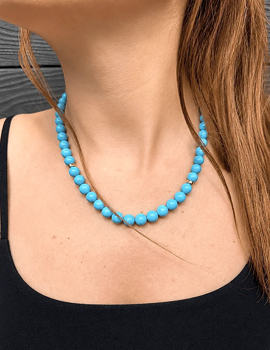 14K Natural Sleeping Beauty Turquoise AAA 9mm Round Beaded Strand 19" - Kingdom Jewelry