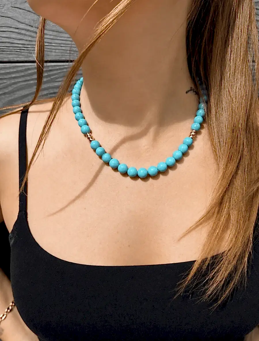 14k x Natural Sleeping Beauty Turquoise AAA 9mm Round Beaded Strand 18" - Kingdom Jewelry