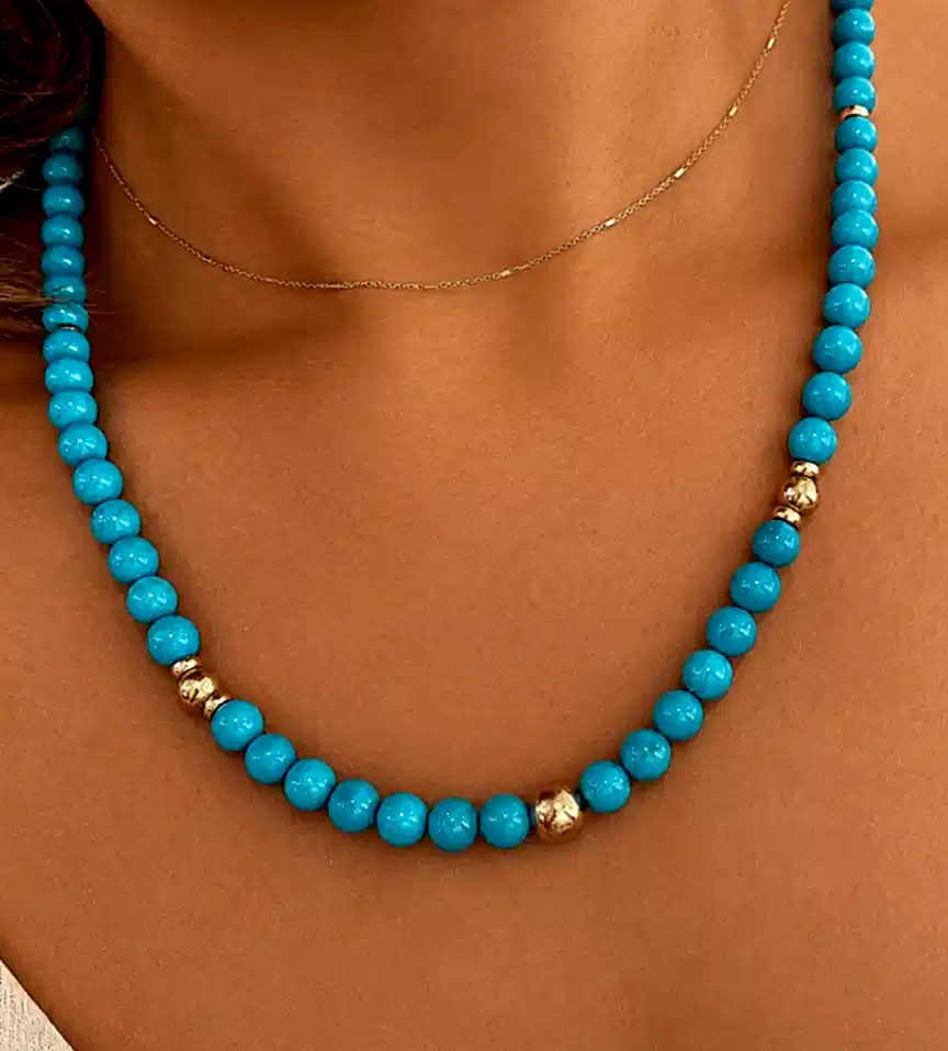 14k Yellow Gold 7 mm Sleeping Beauty Turquoise Necklace - Kingdom Jewelry