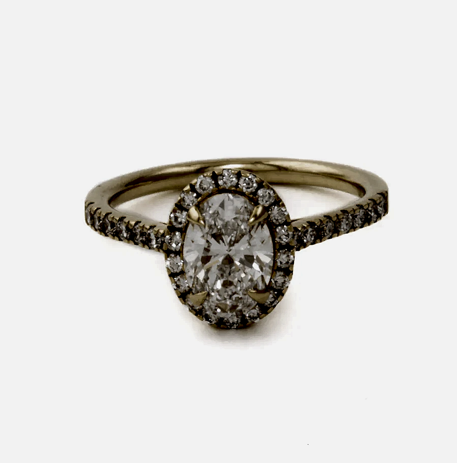 14K Yellow Gold Engagement Ring set w/ LGD Oval 1.00ct VVS2 D and rbc 32=0.41ct Diamond Halo and 1/2 Eternity Pavew VS F size 6 - Kingdom Jewelry
