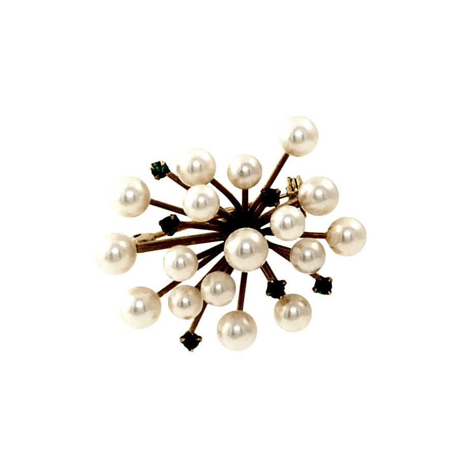 14k Yellow Gold x Pearl & Emerald "Spore" Brooch - Kingdom Jewelry