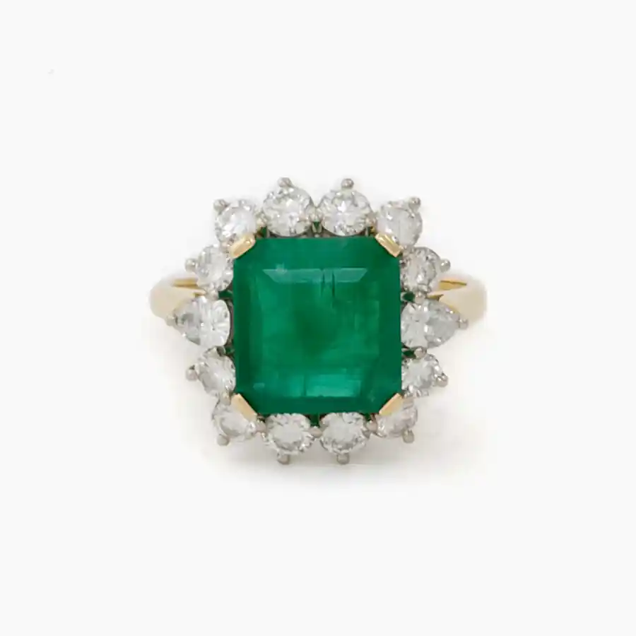 18k Yellow Gold x 3.53ct Emerald + Natural 1.46ctw Round & Pear Diamond Halo Ring - Kingdom Jewelry