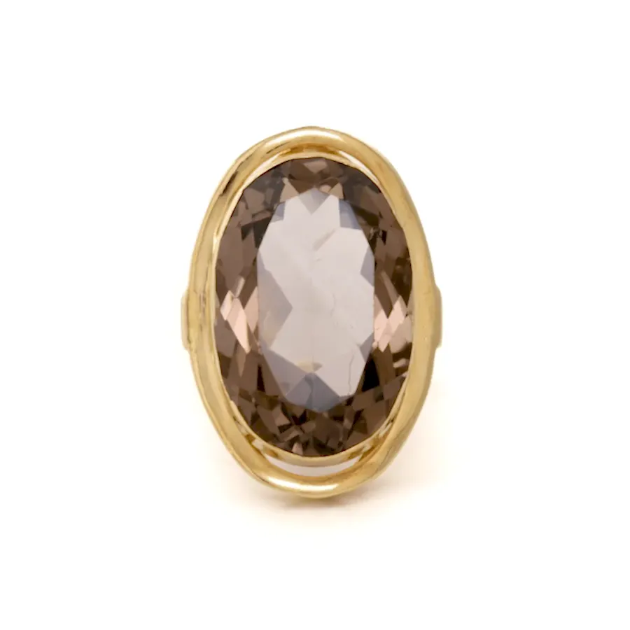 8k Yellow Gold x Large Faceted Smoky Quartz Cocktail Ring - Kingdom Jewelry