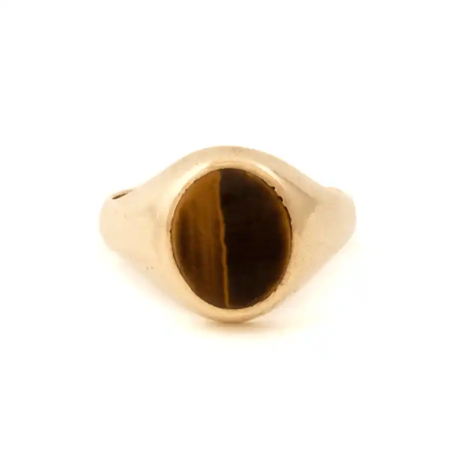 9K Yellow Gold x Oval Tiger's Eye Signet - Kingdom Jewelry