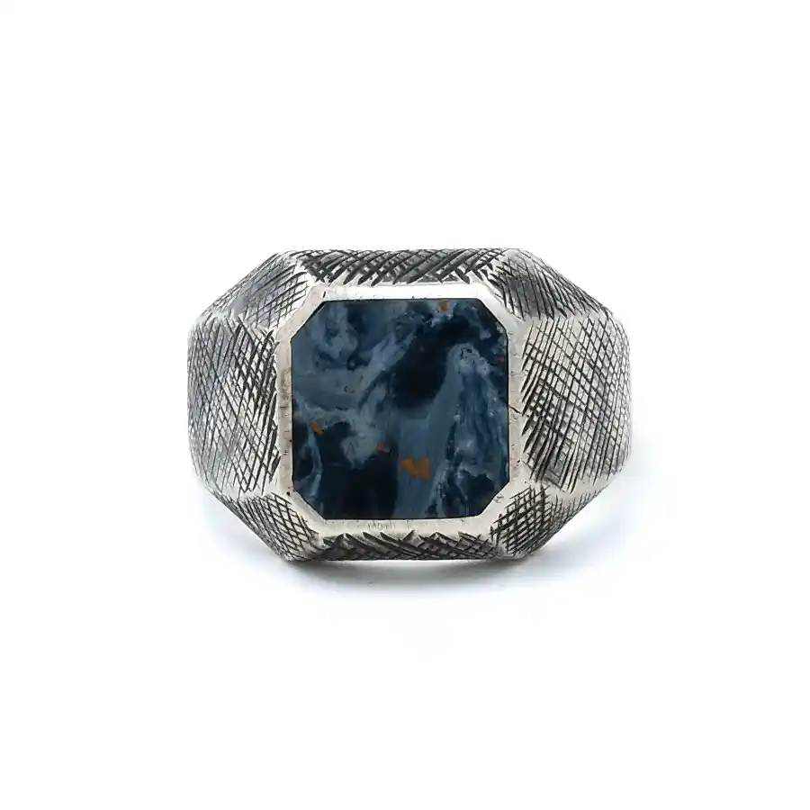 Silver x Cross - Hatched Textured Chamfered Pietersite Inlay Signet - Kingdom Jewelry