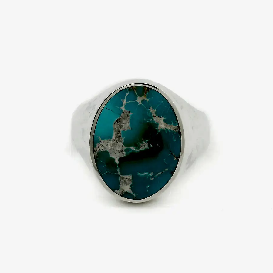 Silver x Seafoam Royston Turquoise Large Oval Inlay Signet - Kingdom Jewelry