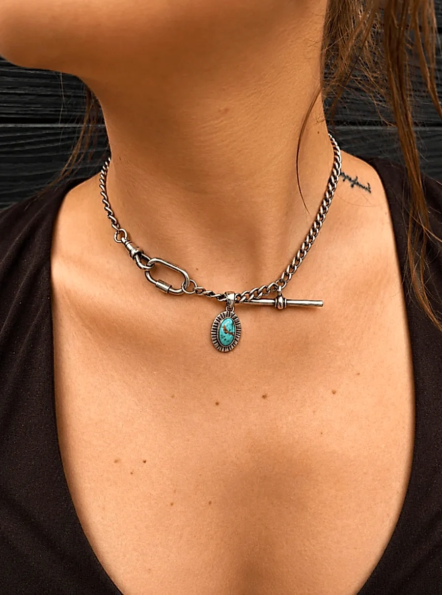 Silver x Sierra Turquoise & 5mm Pocket Watch Albert Chain Necklace - Kingdom Jewelry