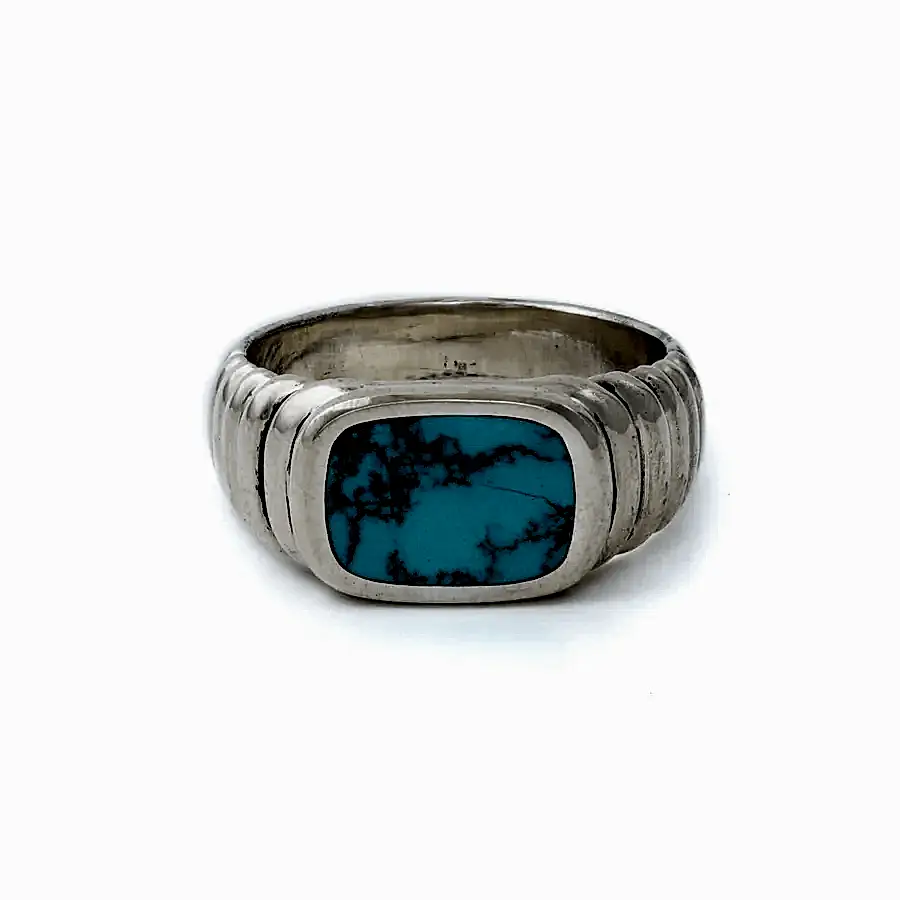 Silver x Spiderweb Hubei Turquoise Deluxe Ridged Cushion Inlay Signet - Kingdom Jewelry