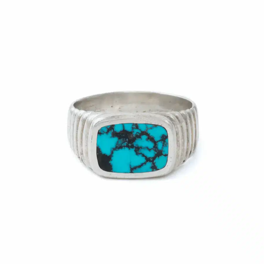 Silver x Spiderweb Hubei Turquoise Ridged Cushion Inlay Signet - Kingdom Jewelry