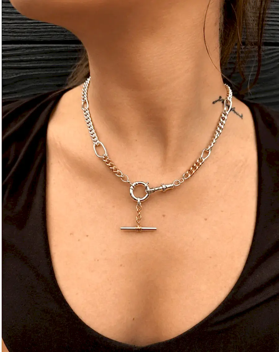 Two Tone Silver & 14k Gold x Handmade Albert +Toggle Chain Necklace - Kingdom Jewelry