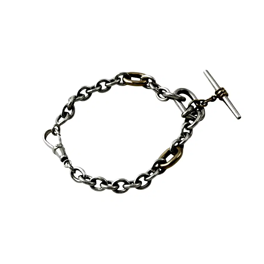 Two Tone Silver & 14k Gold x Handmade Diamond - Tipped T - Bar Toggle Chain Bracelet - Kingdom Jewelry