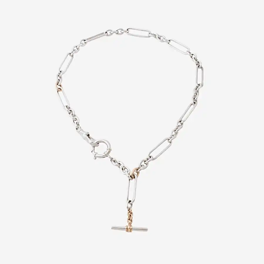 Two - Tone Silver & 14k Gold x Vintage - Style 7mm Diamond - Tipped T - Bar Trombone Chain Necklace - Kingdom Jewelry