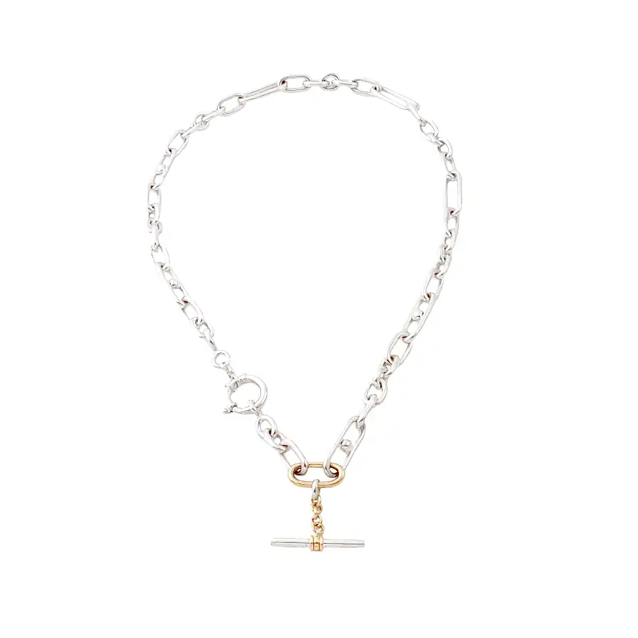 Two - Tone Silver & 14k x 8mm Diamond - Tipped T - Bar Trombone Chain Necklace - Kingdom Jewelry