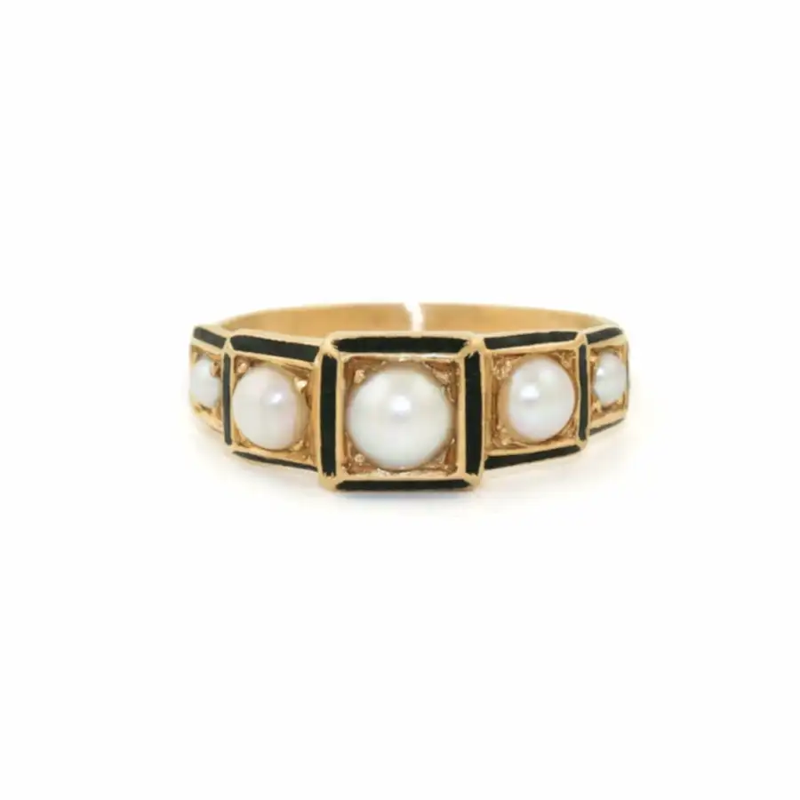 Victorian 18k Gold x Pearl & Enamel Mourning Quinet - Kingdom Jewelry