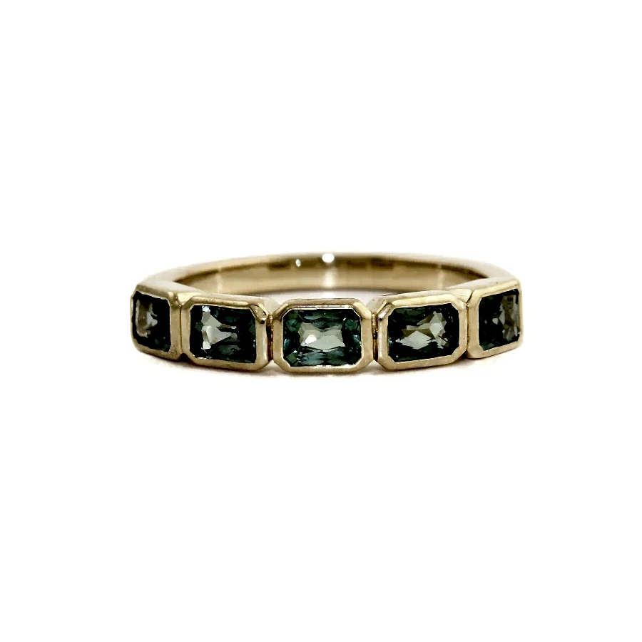 14K Gold Emerald-Cut Teal Sapphire Bezel-Set Band - Kingdom Jewelry