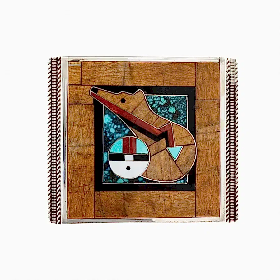 Incredible Mosaic Inlay Zia & Bear Zuni Belt Buckle - Kingdom Jewelry