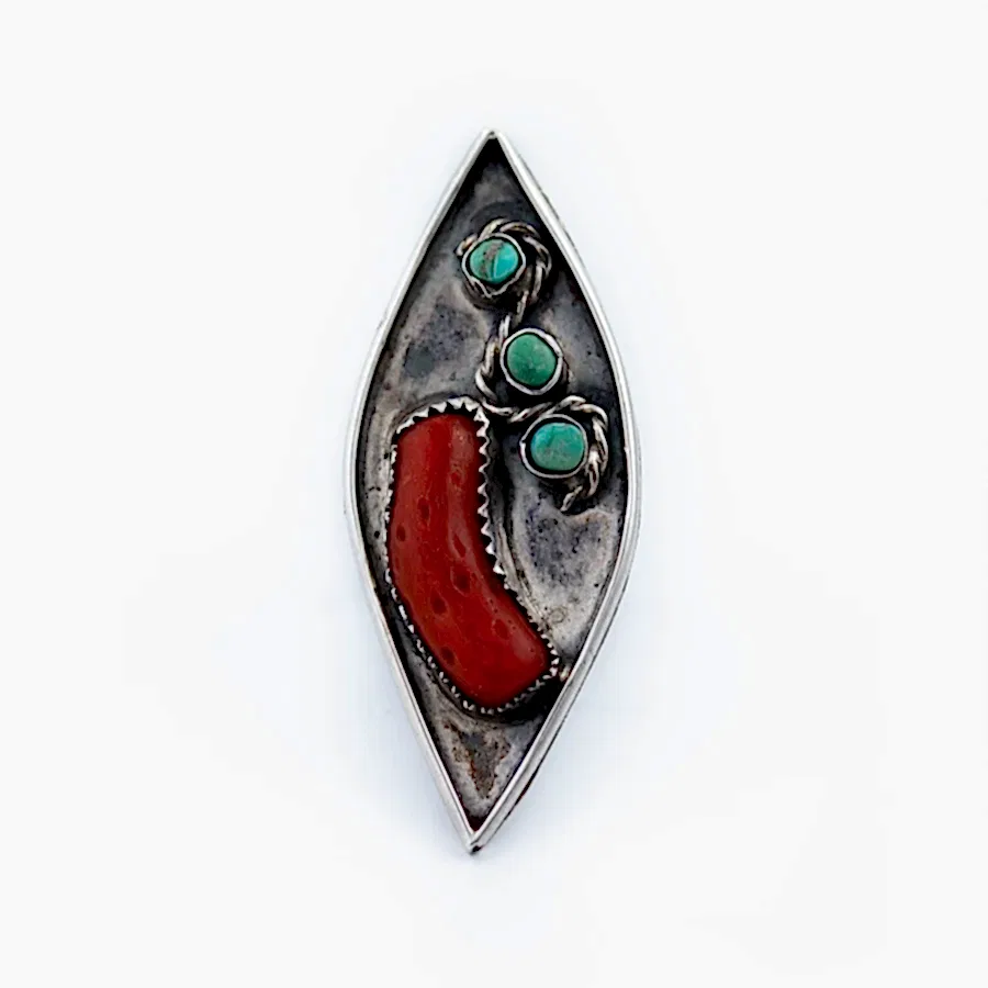 Rustic Old Pawn Green Turquoise & Red Coral Navajo Ring - Kingdom Jewelry